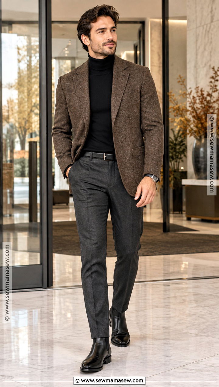 Blazer Jacket With Turtleneck and Dress Pants - 15 fall jackets outfit for men