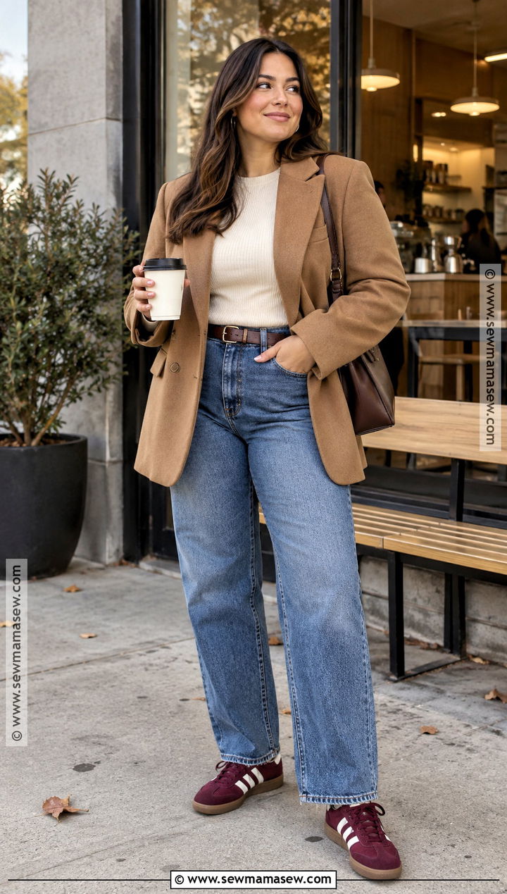 Blazer Straight Leg Jeans And Retro Sneakers - 15 Casual Fall Outfits For Women Sneakers