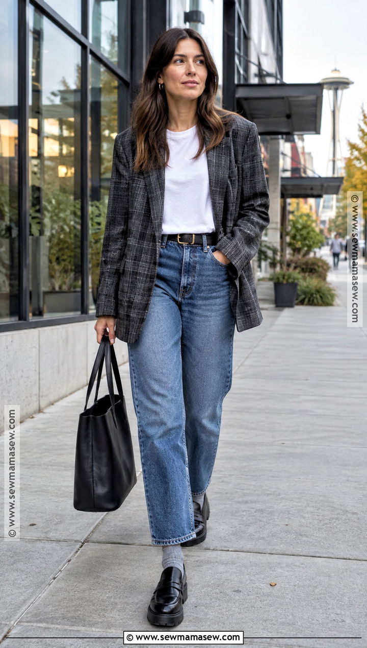 Blazer T Shirt Jeans And Loafers Seattle Fall Outfit - 20 Fall Seattle Outfits