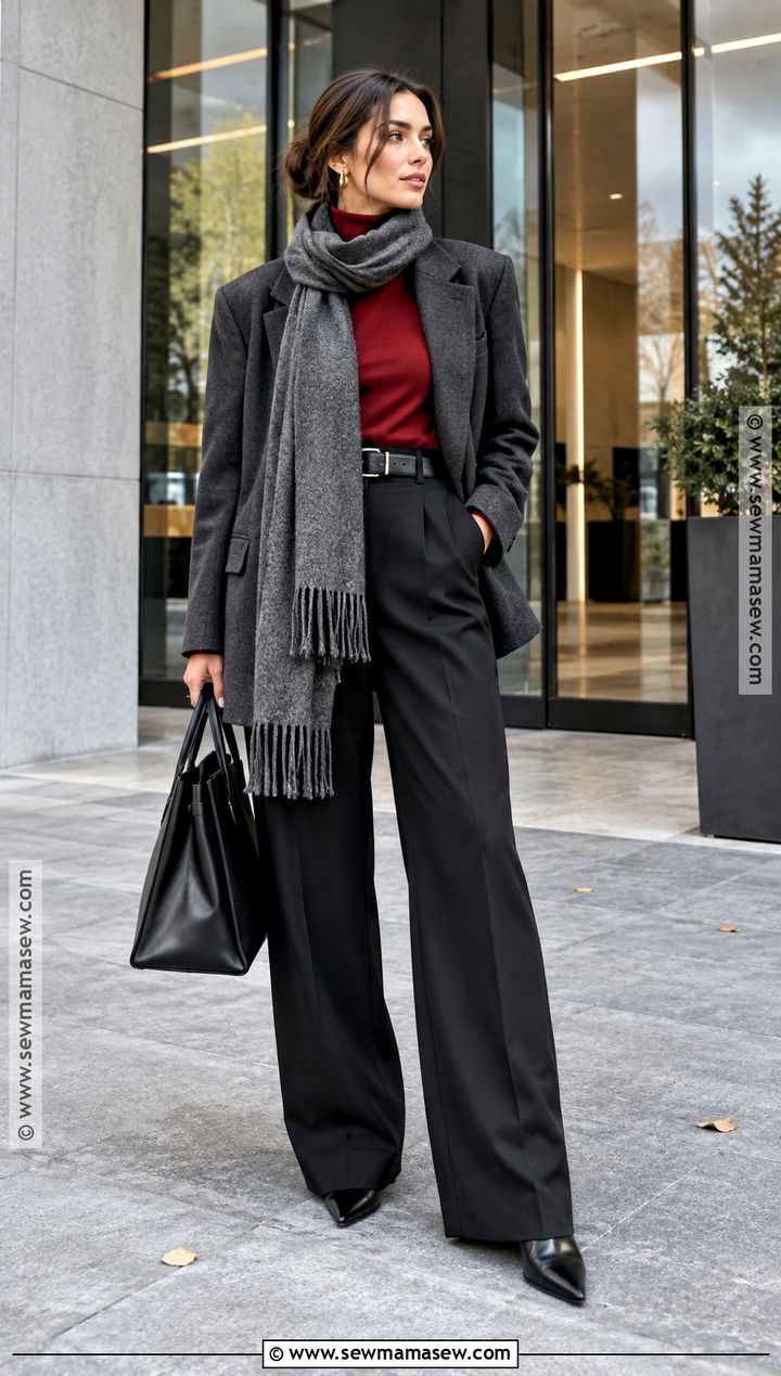 Blazer Turtleneck Wide Leg Pants and Ankle Boots - 20 cold fall day outfit ideas