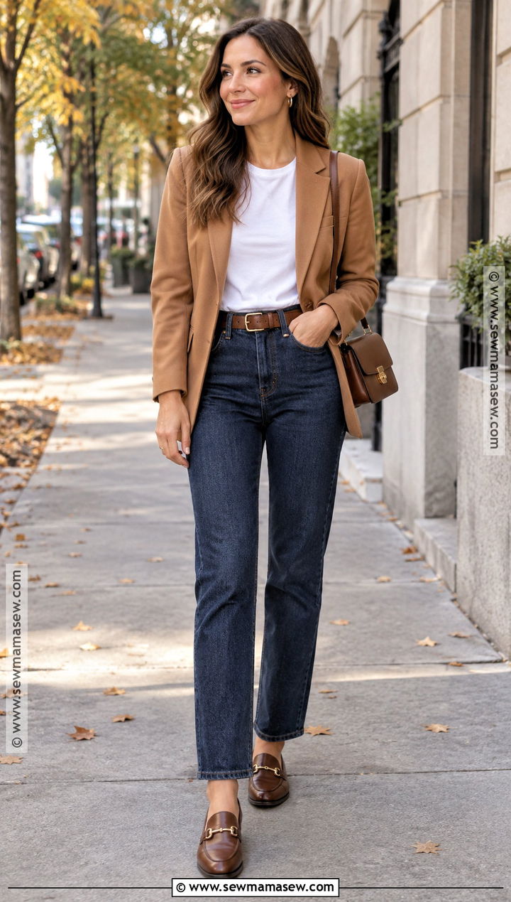Blazer White Tee and Straight Leg Jeans Outfit - 15 Fall Capsule Wardrobe 2026 Over 30 Ideas