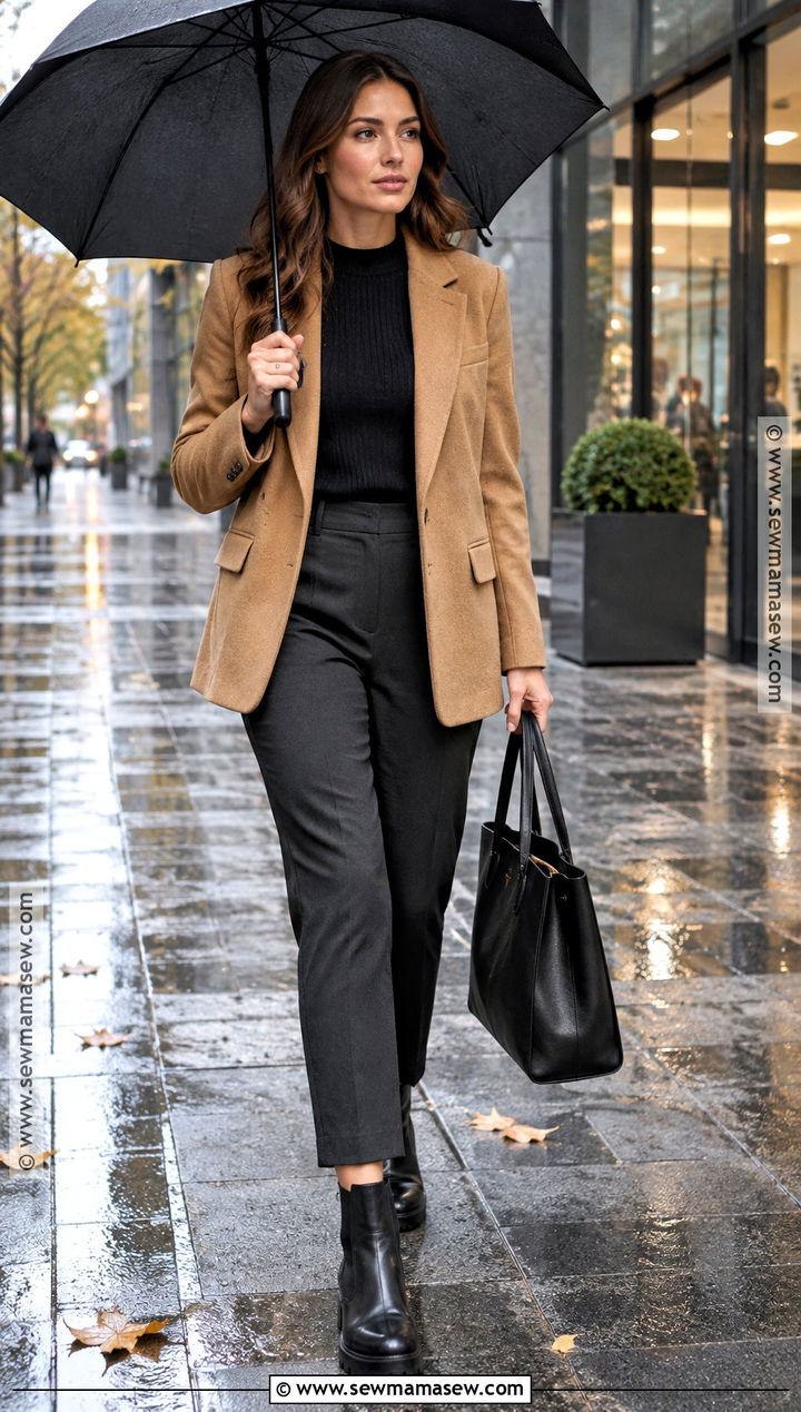 Blazer With Cropped Trousers And Ankle Rain Boots - 20 rainboots outfit fall ideas