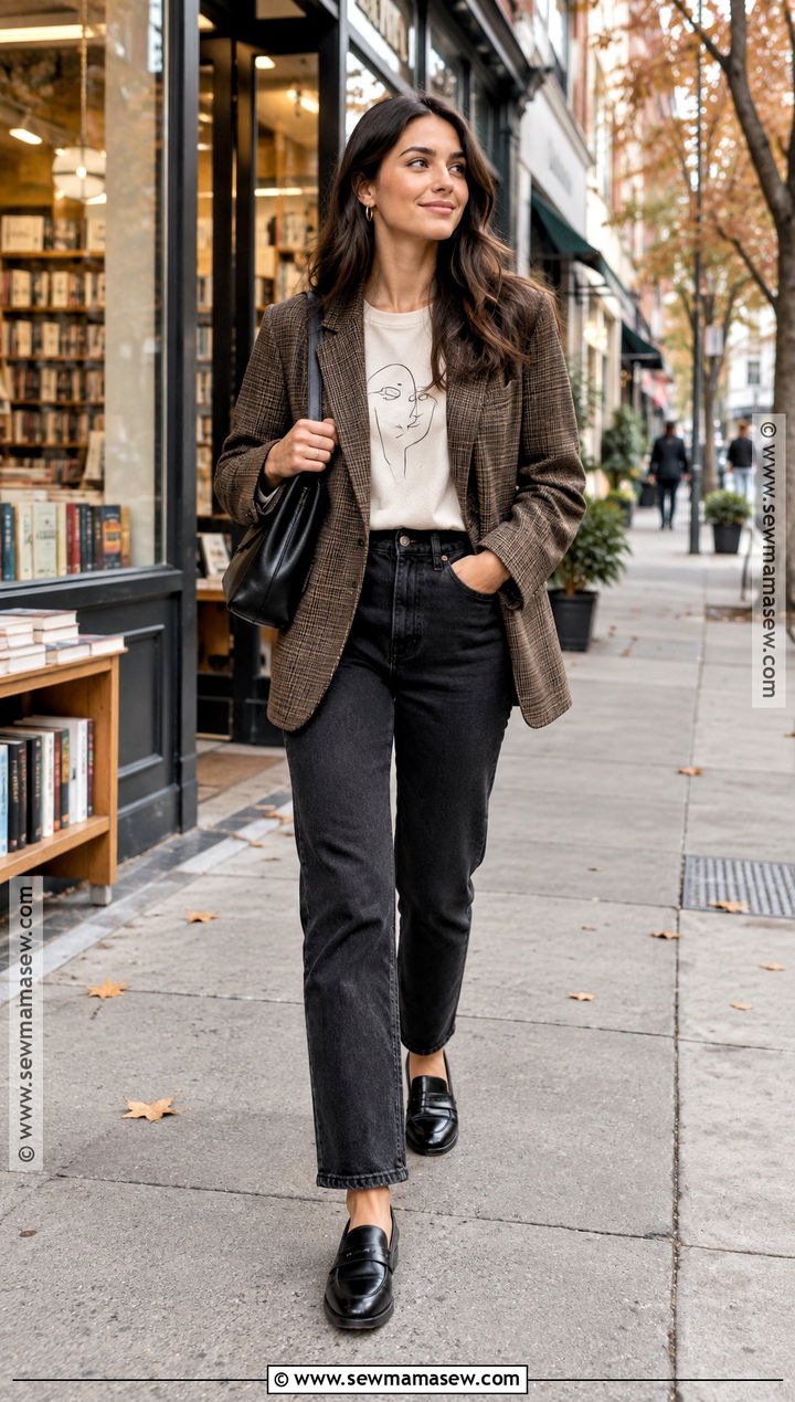 Blazer With Graphic T Shirt And Black Jeans - 25 fall day outfit ideas