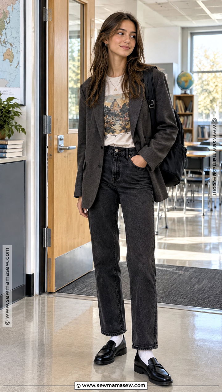 Blazer With Graphic Tee And Dark Jeans - 20 outfits for fall school