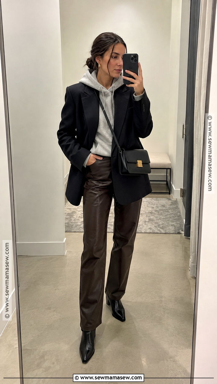 Blazer With Hoodie And Leather Pants - 25 autumn layering outfit ideas