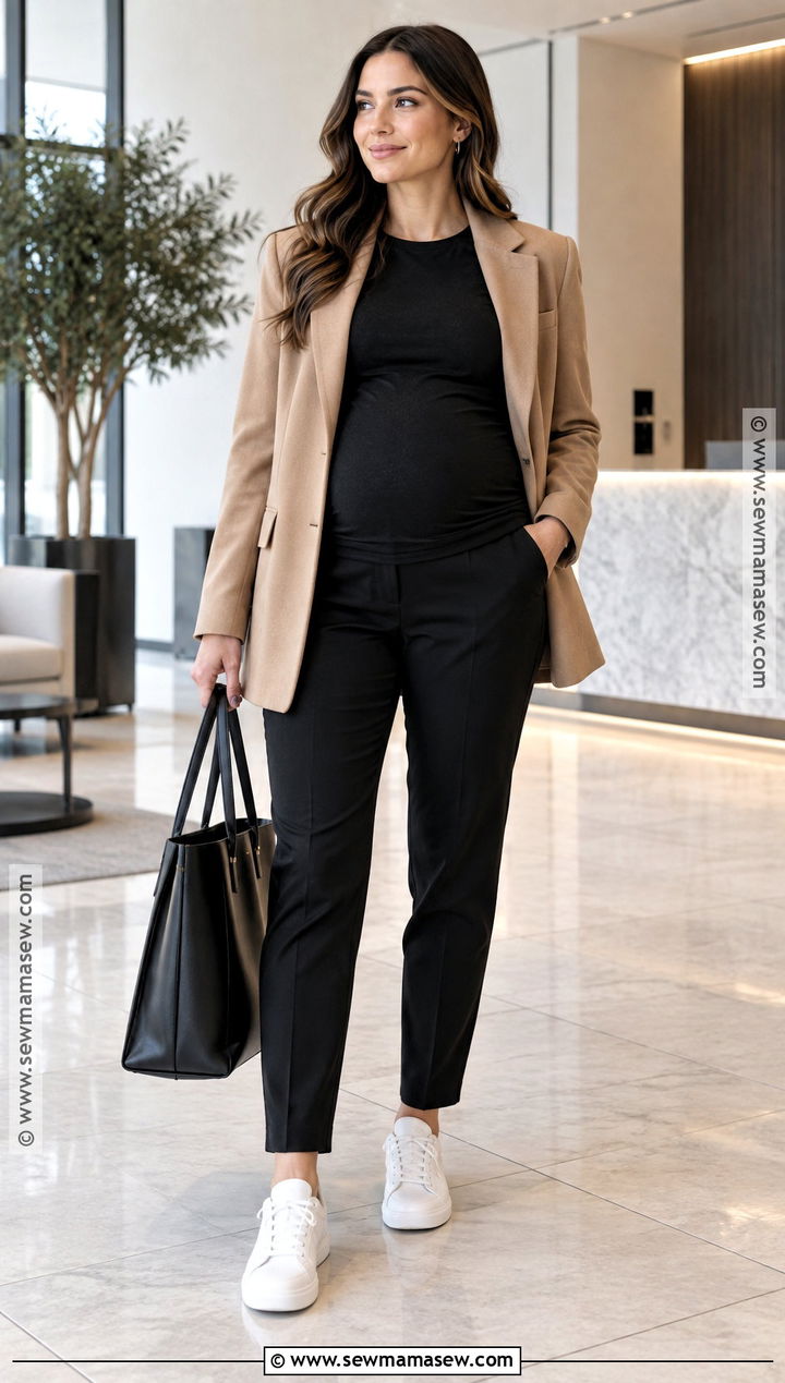 Blazer With Maternity Trousers And Sneakers - 15 fall outfit ideas pregnant