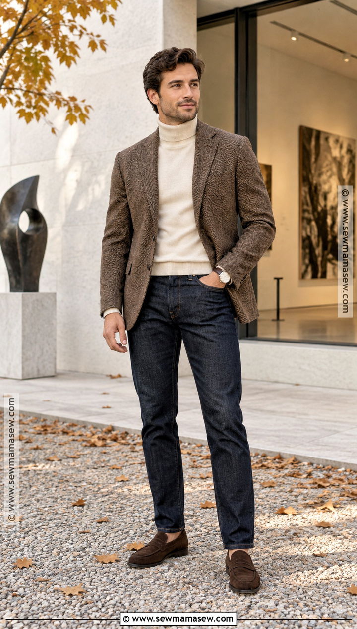 Blazer With Roll Neck And Dark Jeans - 15 Male Outfits Autumn