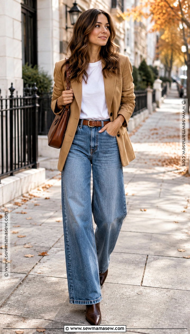 Blazer With T Shirt And Wide Leg Jeans - 25 fall attire ideas
