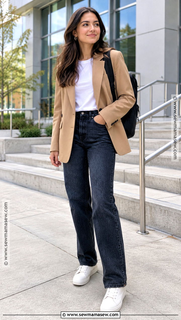 Blazer With White T Shirt And Straight Leg Jeans - 15 back to school outfits grad school