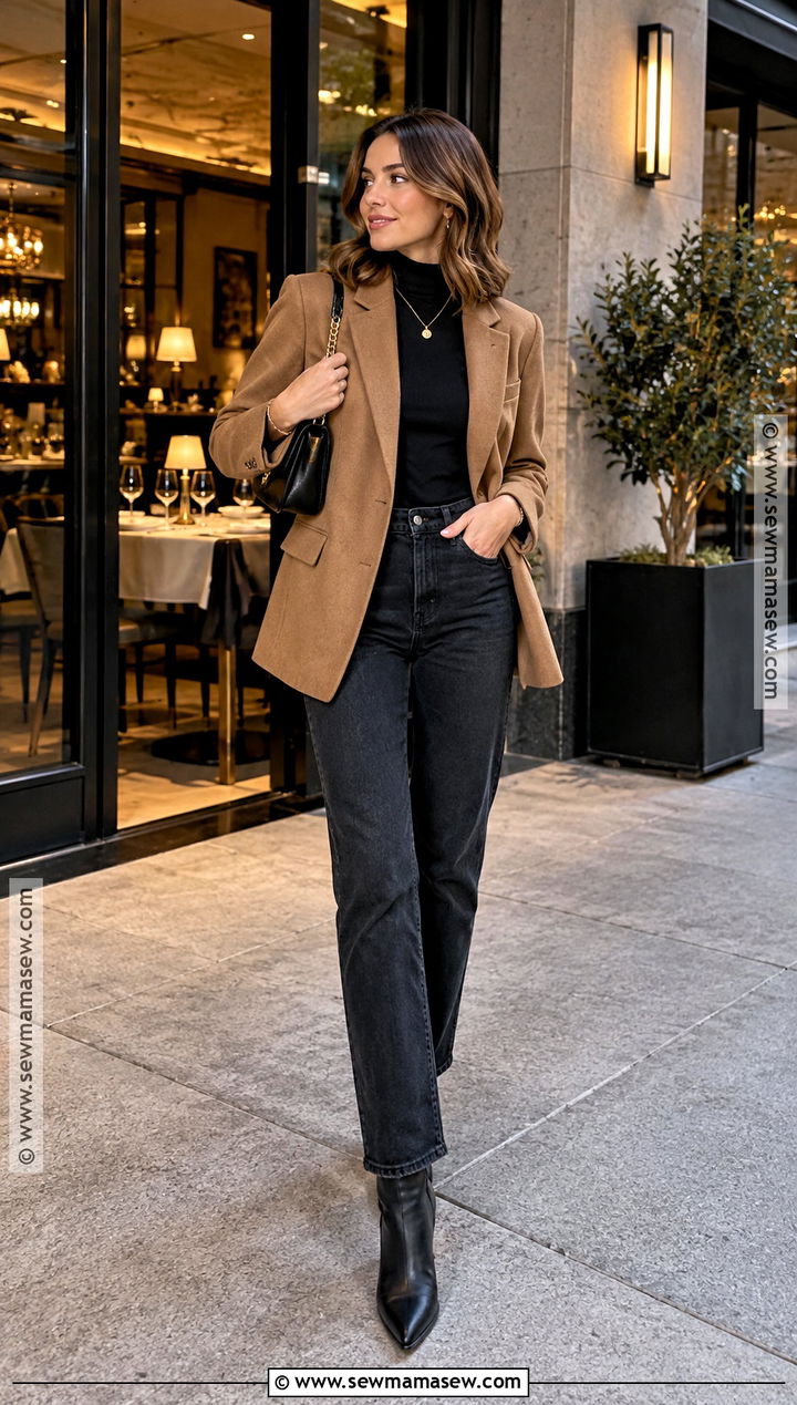 Blazer and Dark Jeans Fall Dinner Outfit - 15 fall weekend getaway outfits capsule wardrobe