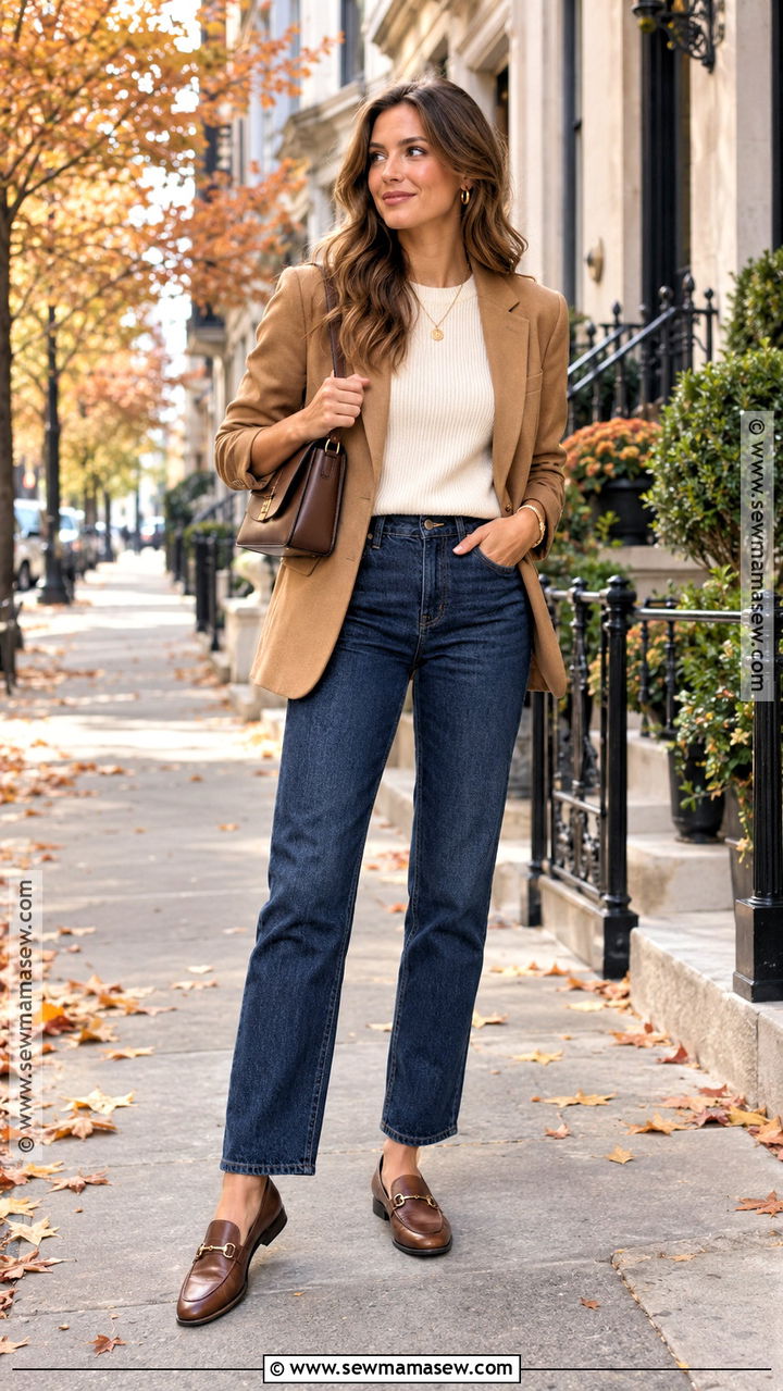 Blazer and Dark Wash Jeans Fall Outfit - 20 Dressy Casual Fall Outfits for Women