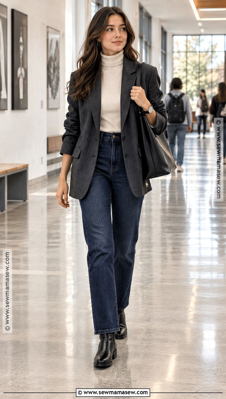 Blazer and Dark Wash Jeans Winter School Outfit - 20 winter back to school outfits