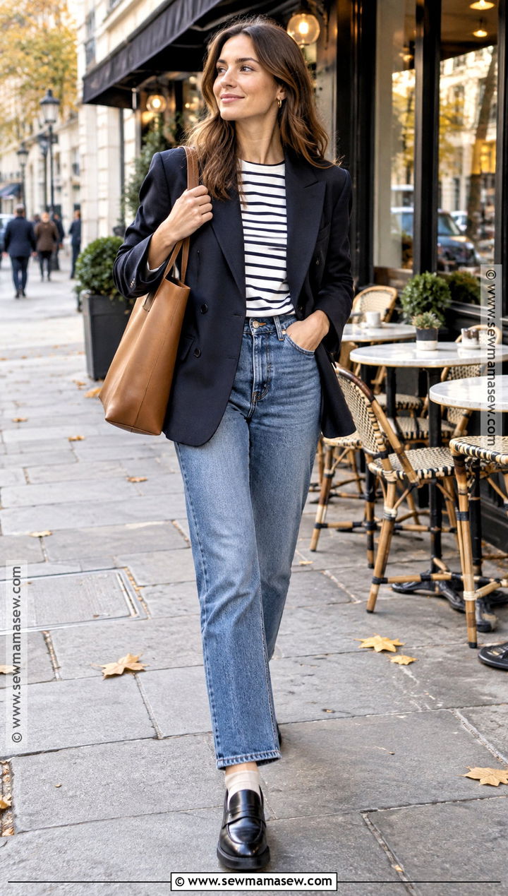 Blazer and Striped T Shirt Outfit - 20 Autumn City Break Outfit Ideas