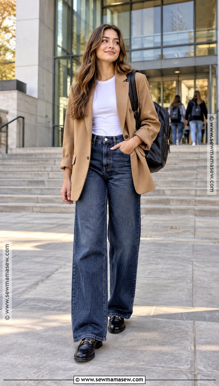 Blazer and Wide Leg Jeans Fall School Outfit - 25 outfit ideas autumn school