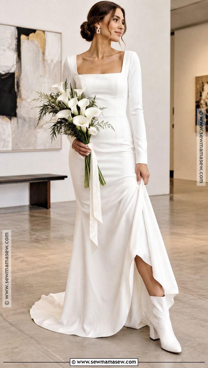 Block Heel Bridal Boots With Crepe Wedding Gown - 15 fall wedding boots for bride