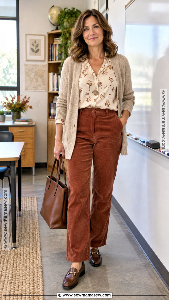 Blouse And Corduroy Pants Fall Teacher Outfit - 20 fall outfit ideas for teachers