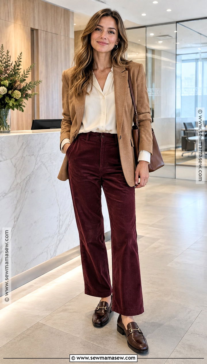 Blouse And Corduroy Trousers Autumn Work Outfit - 20 smart casual work outfit autumn ideas