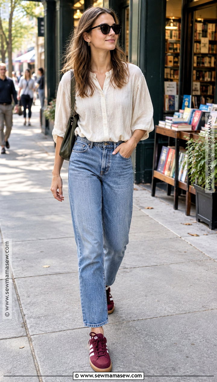 Blouse Relaxed Jeans And Retro Sneakers Outfit - 20 summer fall outfits casual