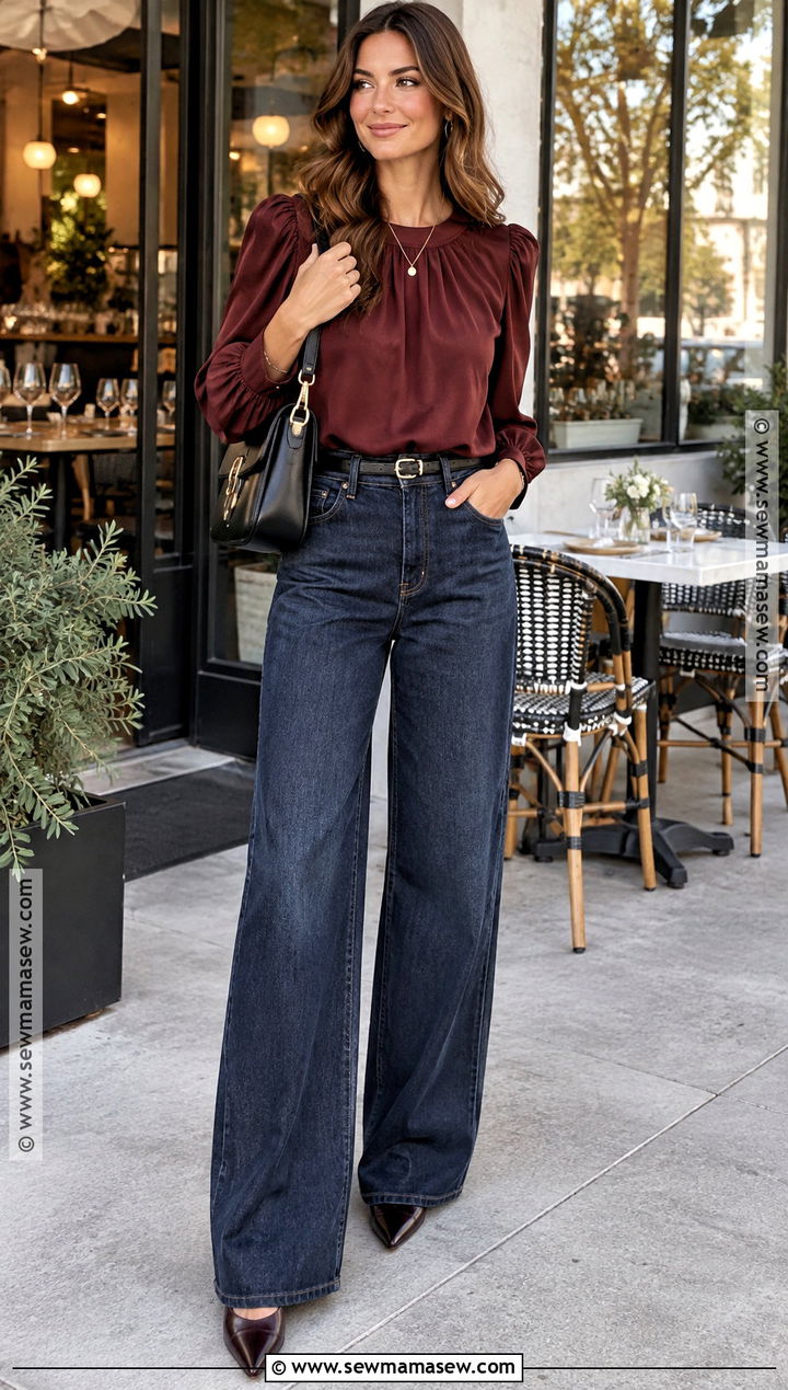 Blouse and Wide Leg Jeans Fall Outfit - 20 perfect fall outfit ideas