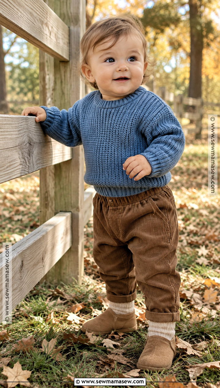 Blue Baby Sweater With Brown Corduroy Pants - 15 Cute Baby Sweater Fall Ideas