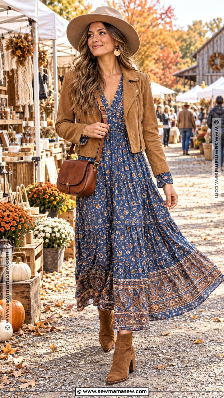 Blue Boho Maxi Dress With Suede Jacket - 20 Blue Fall Dress Ideas