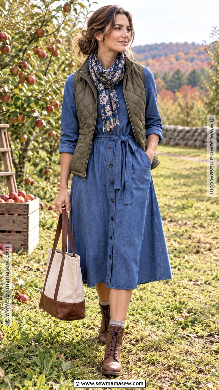 Blue Button Front Dress With Quilted Vest - 20 Blue Fall Dress Ideas