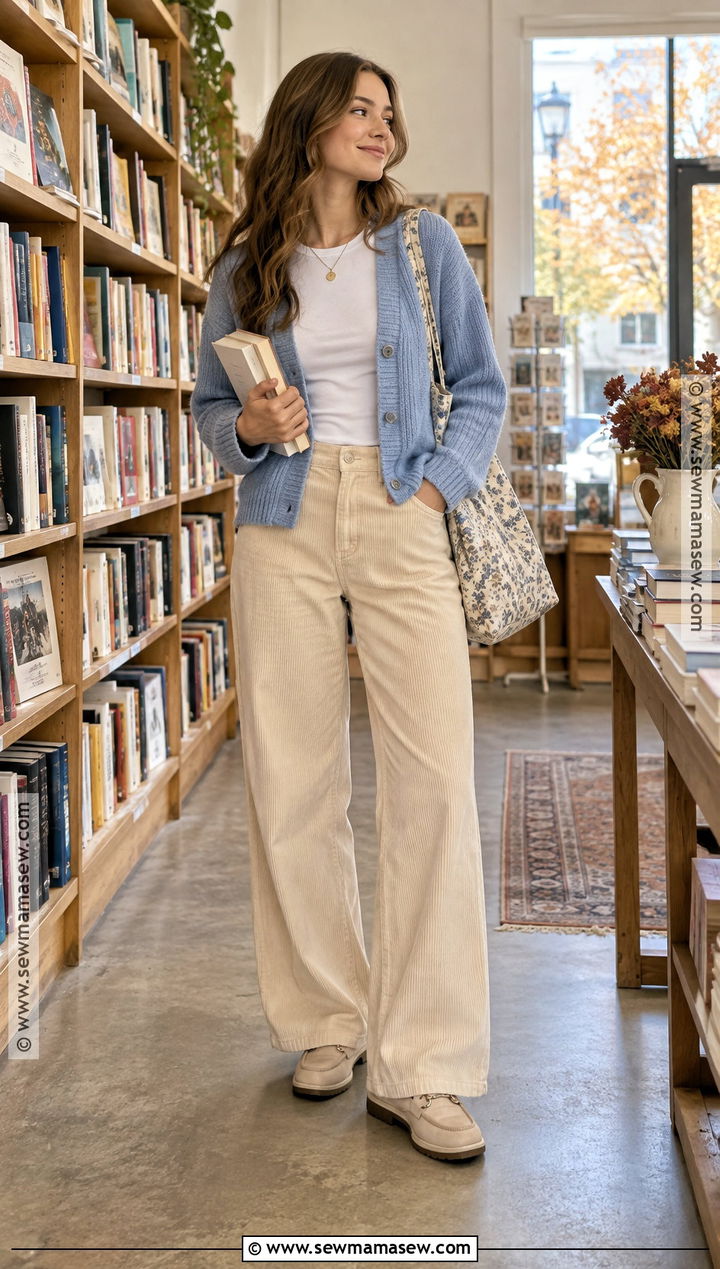 Blue Cardigan And Corduroy Pants Soft Girl Fall Outfit - 20 Soft Girl Fall Outfits