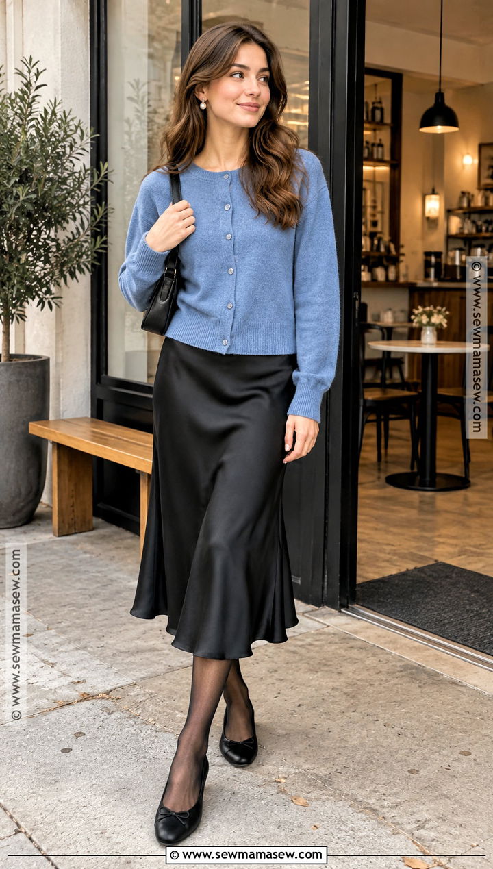 Blue Cardigan With Black Satin Midi Skirt - 15 Cozy Blue Sweater Fall Fashion Ideas