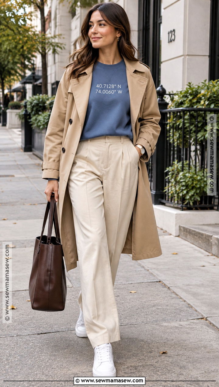 Blue Coordinates Embroidered Sweatshirt Outfit With Trench Coat - 20 Fall Embroidered Sweatshirts Ideas