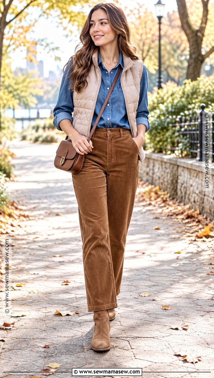 Blue Denim Shirt And Brown Corduroy Pants Outfit - 20 blue fall outfits