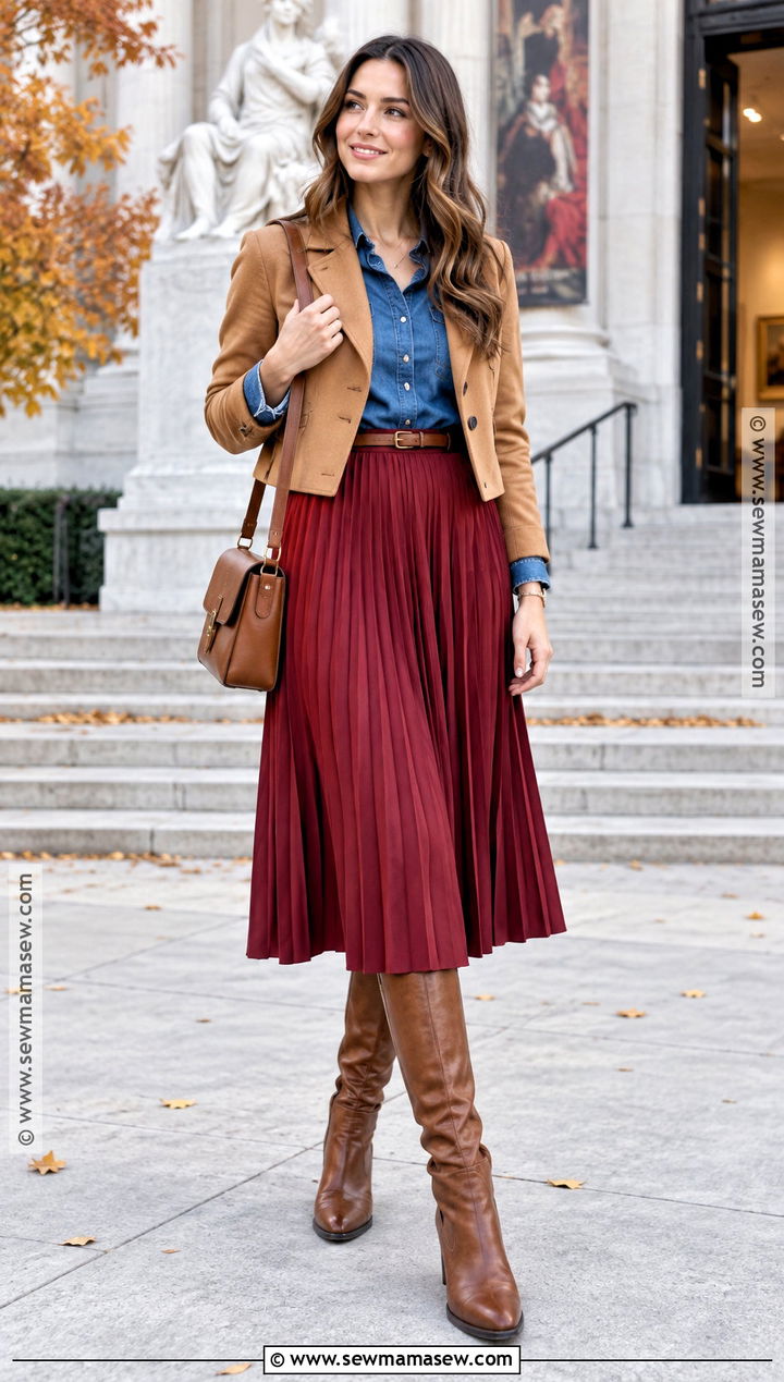 Blue Denim Shirt and Red Pleated Skirt Autumn Outfit - 25 colourful autumn outfits