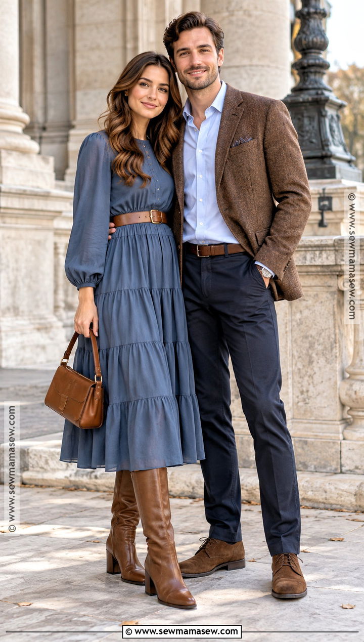 Blue Dress And Brown Blazer Fall Couples Photo Outfit - 20 Fall Outfits Couples Photo Ideas