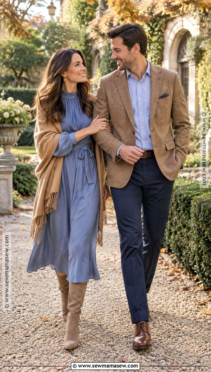 Blue Dress And Camel Blazer Fall Couple Photo Outfit - 20 fall couple photos outfits