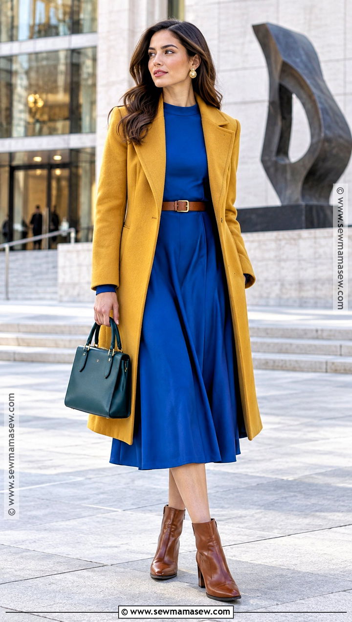 Blue Dress And Mustard Coat Autumn Outfit - 20 colorful autumn outfits
