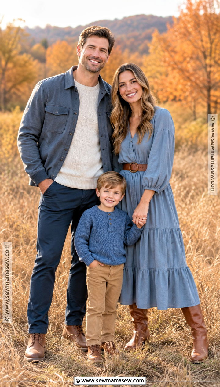 Blue Dress and Cognac Accessories Fall Family Photoshoot Outfit - 15 fall photoshoot outfits family of 3