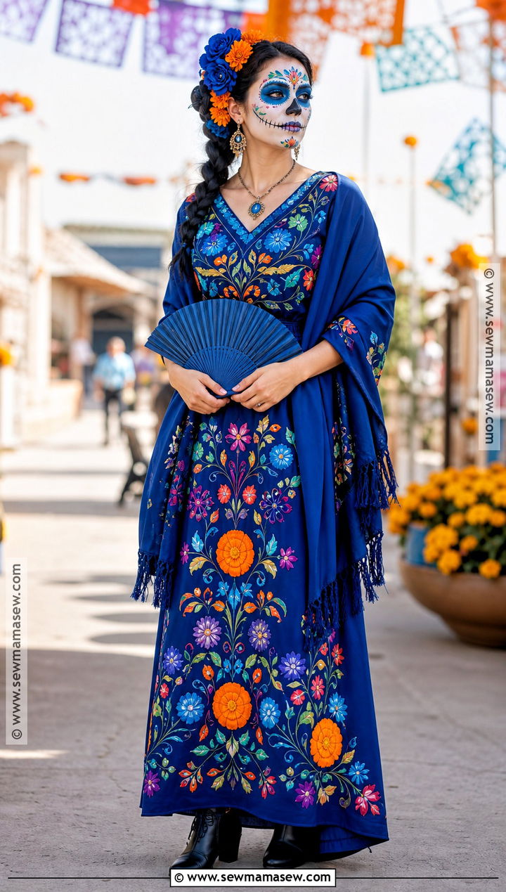 Blue Embroidered Catrina Costume - 30 dia de los muertos costumes for women