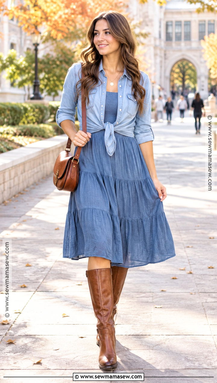 Blue Fall Sundress Outfit With Denim Shirt - 20 fall sundress outfit ideas