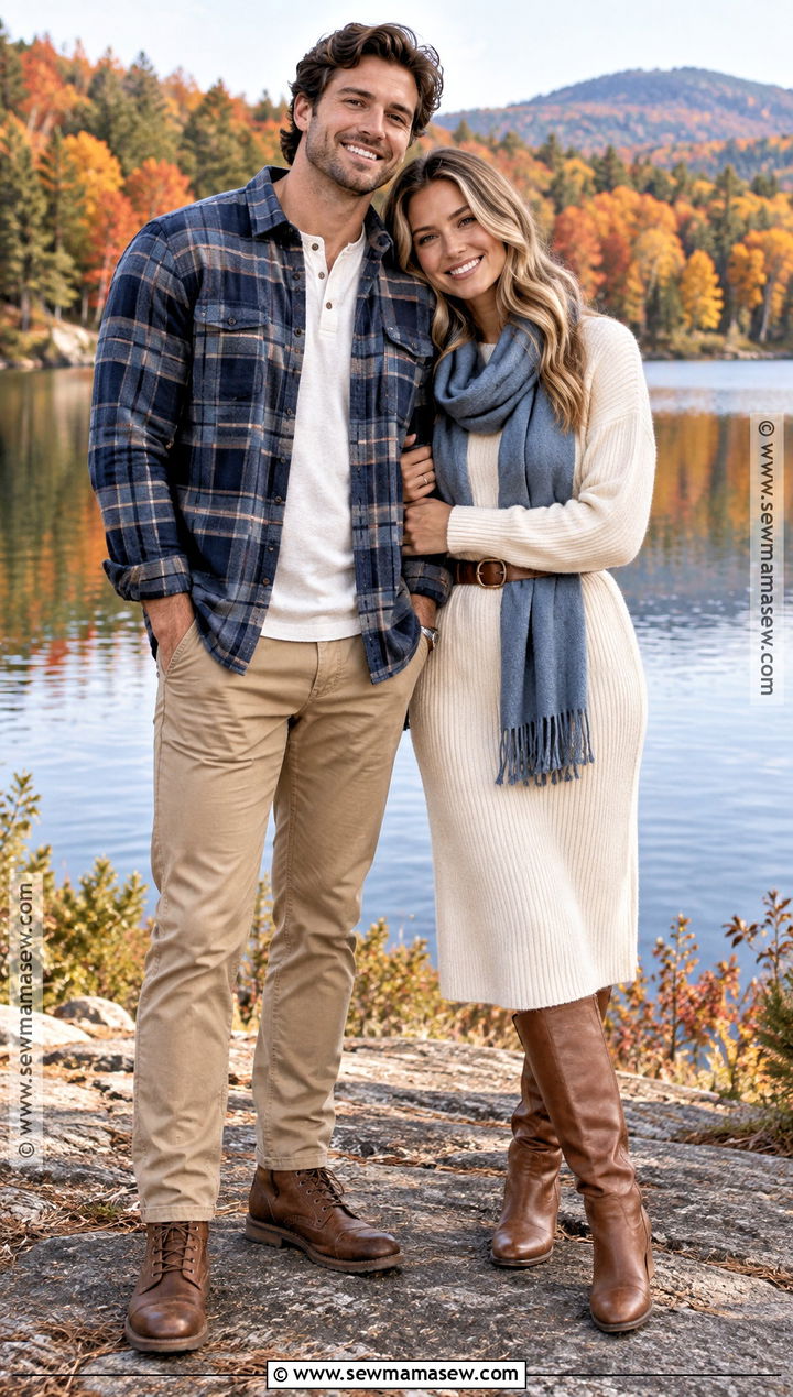 Blue Flannel And Cream Sweater Dress Couples Outfit - 15 couples fall photoshoot outfits flannel
