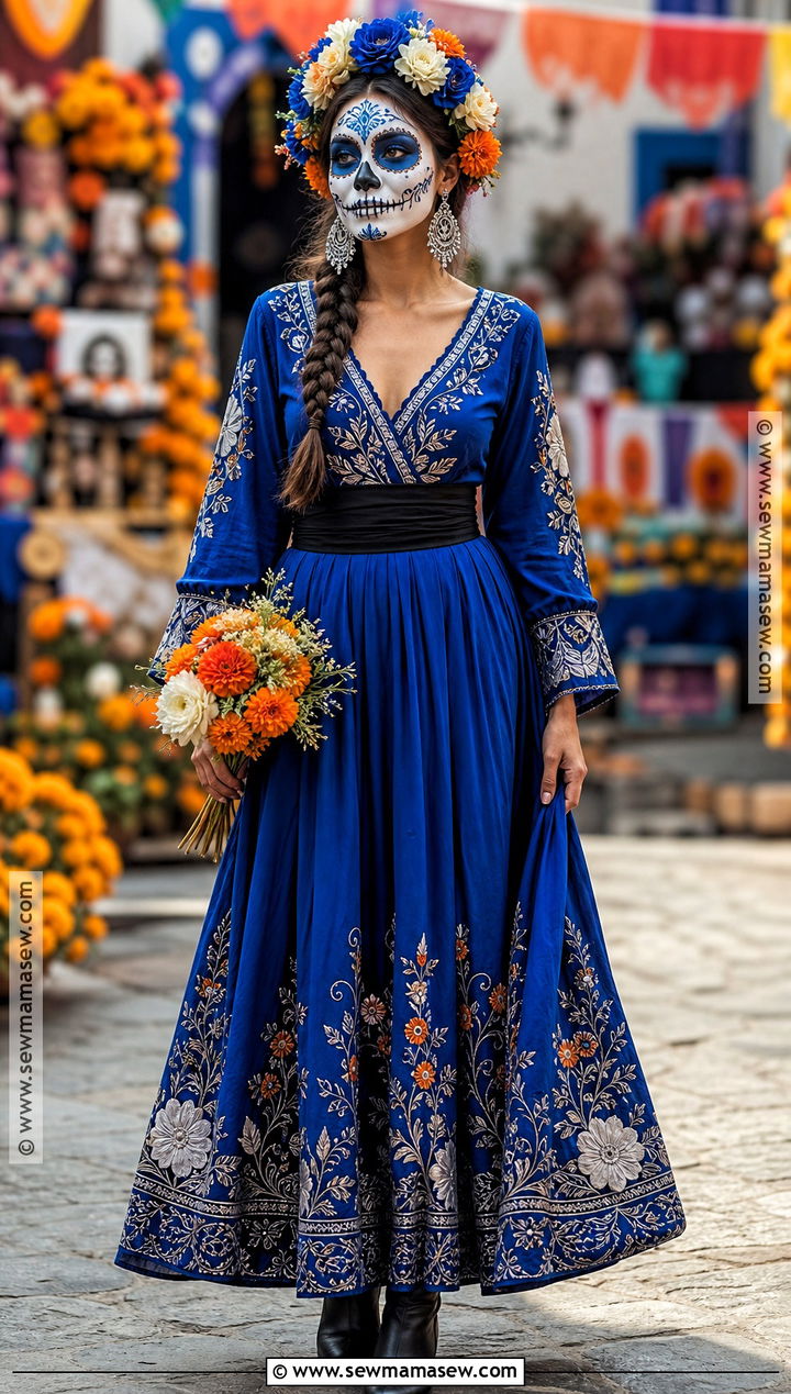 Blue Floral Catrina Outfit - 35 day of the dead outfit ideas