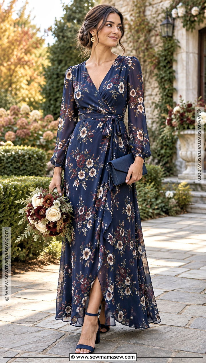 Blue Floral Long Sleeve Bridesmaid Dress - 20 blue bridesmaid dresses fall