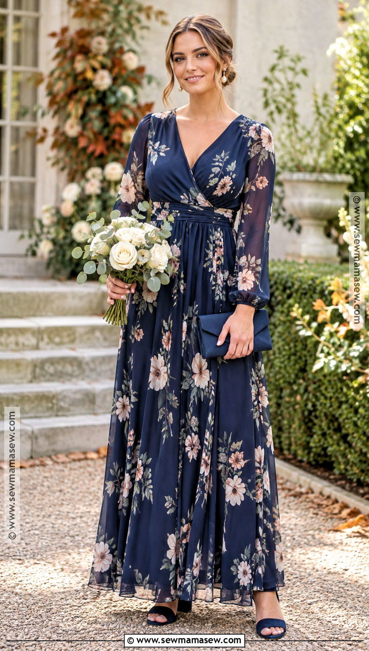 Blue Floral Long Sleeve Bridesmaid Dress - 15 blue fall bridesmaid dresses