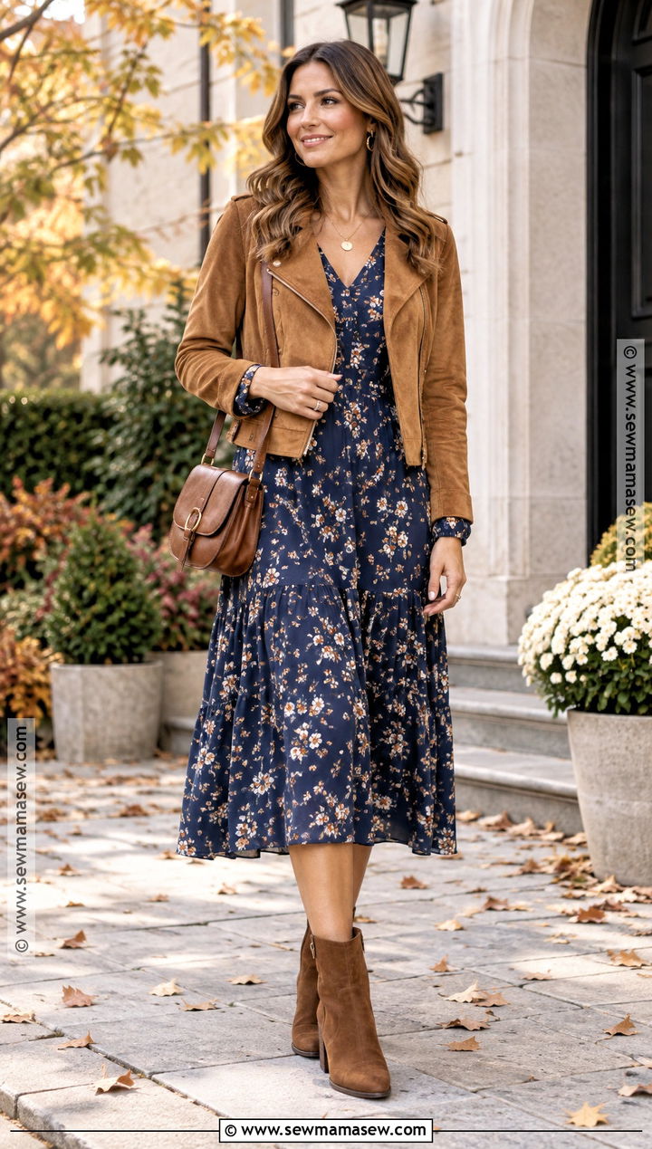 Blue Floral Midi Dress And Suede Jacket Outfit - 20 blue fall outfits