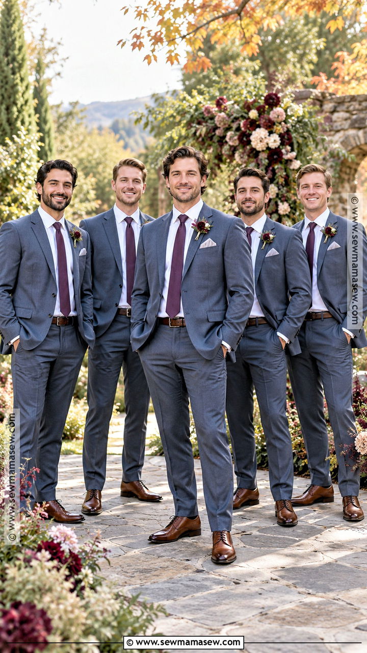 Blue Gray Suit With Plum Tie - 20 groomsmen fall wedding attire ideas