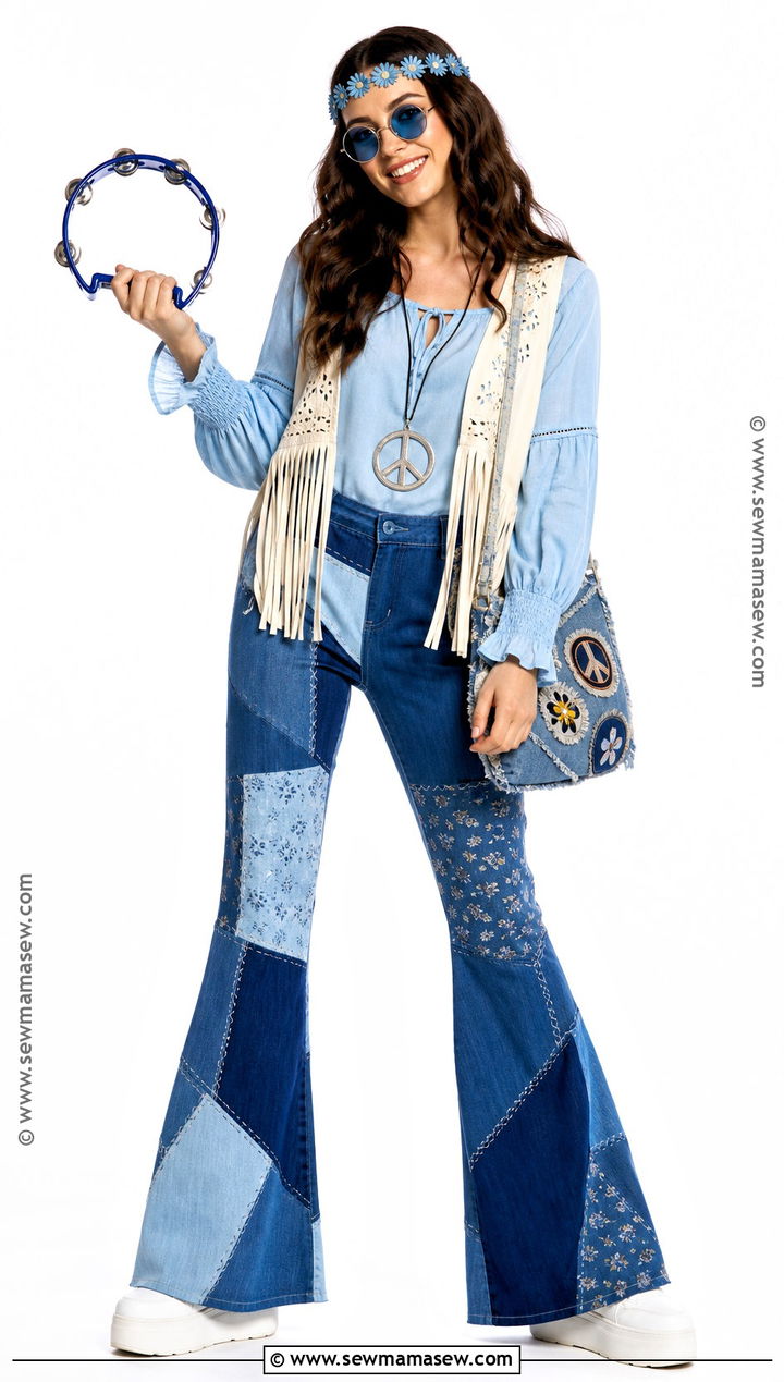 Blue Hippie Costume With Patchwork Bell Bottoms - 45 hippie costume ideas