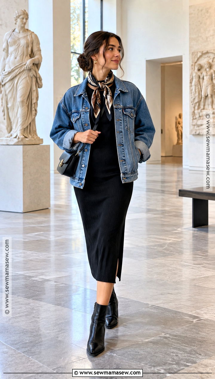 Blue Jean Jacket With Black Midi Dress - 20 blue jean jacket outfits fall