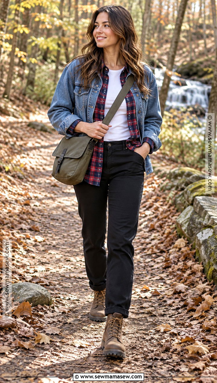 Blue Jean Jacket With Flannel Shirt And Black Pants - 20 blue jean jacket outfits fall