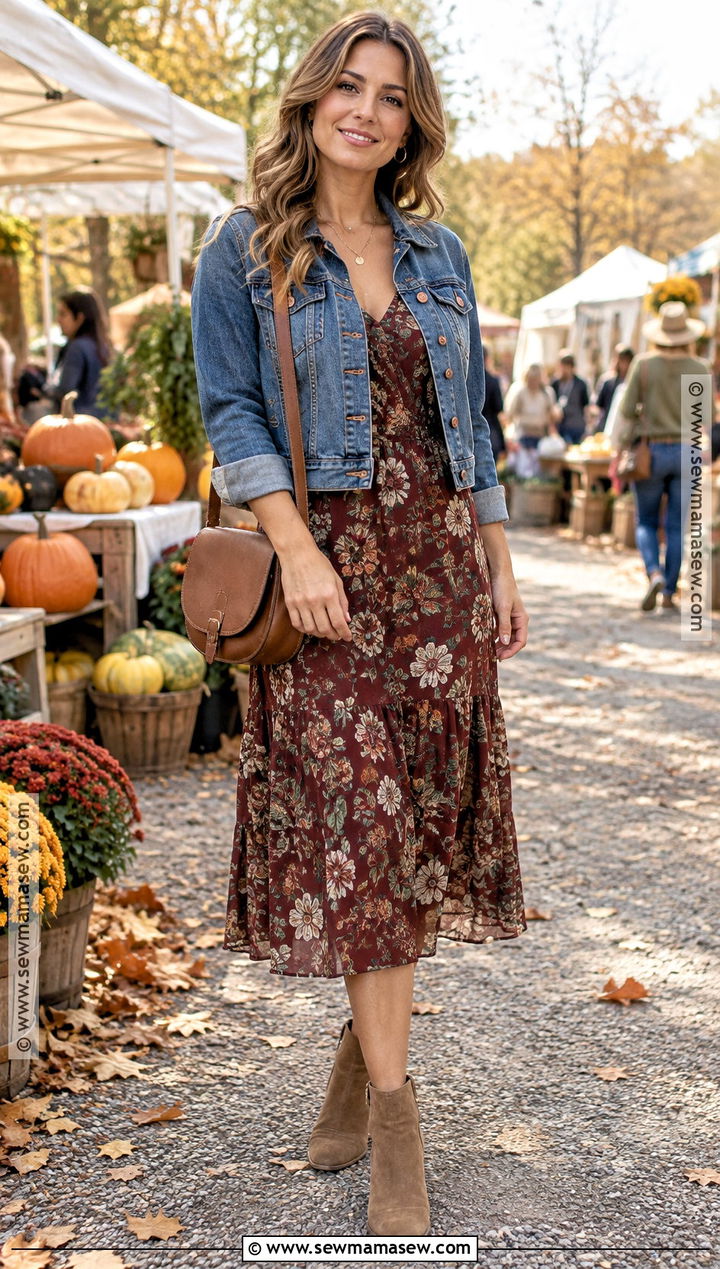 Blue Jean Jacket With Floral Midi Dress And Boots - 20 blue jean jacket outfits fall