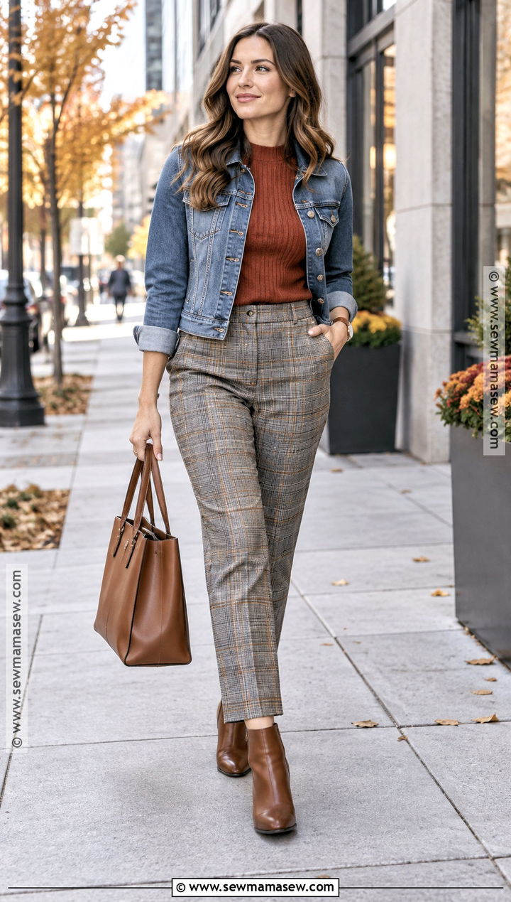 Blue Jean Jacket With Knit Top And Plaid Trousers - 20 blue jean jacket outfits fall