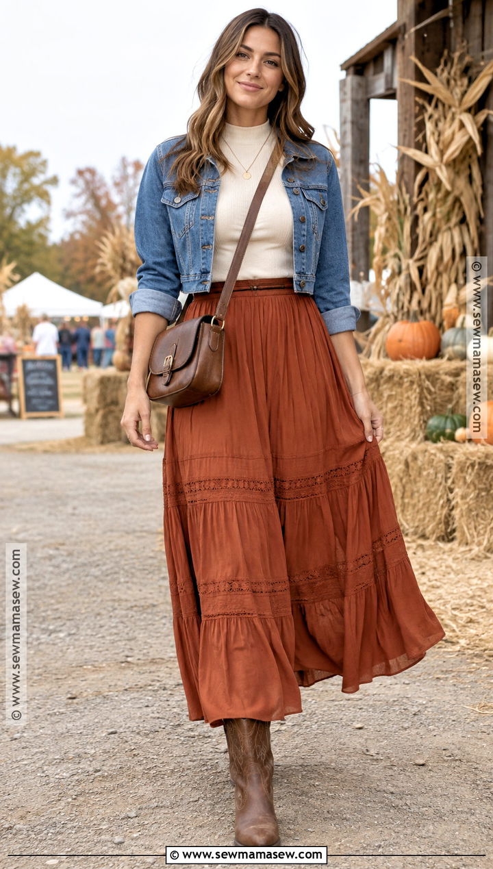 Blue Jean Jacket With Maxi Skirt And Western Boots - 20 blue jean jacket outfits fall