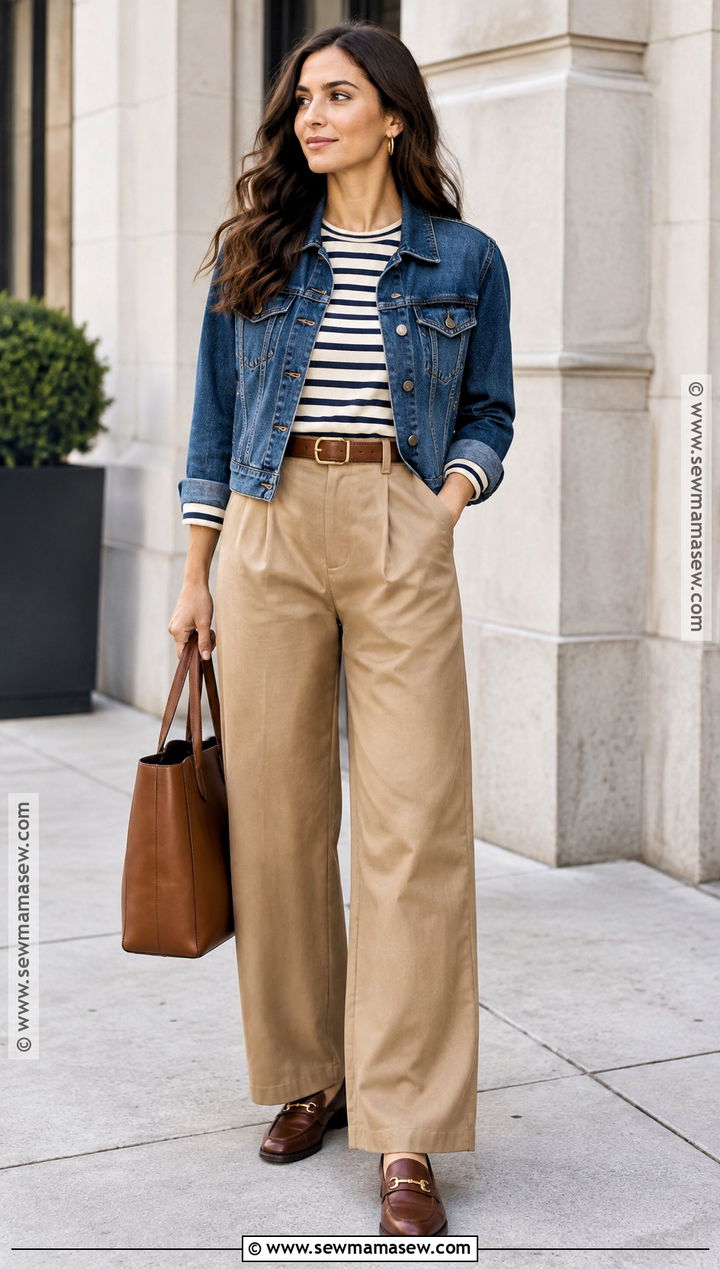 Blue Jean Jacket With Striped Top And Wide Leg Pants - 20 blue jean jacket outfits fall
